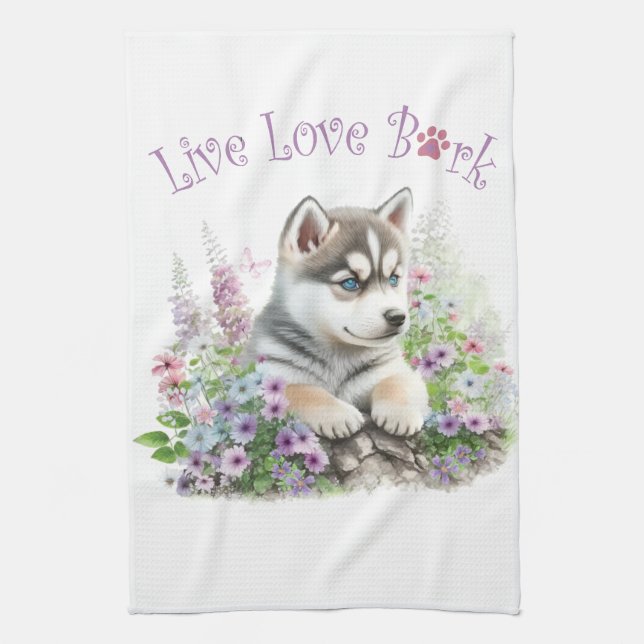 Husky Hund Mamma Blommigt Kökshandduk (Vertikal)