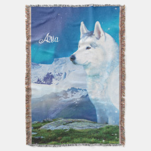 Husky hund med berg och norra ljus filt