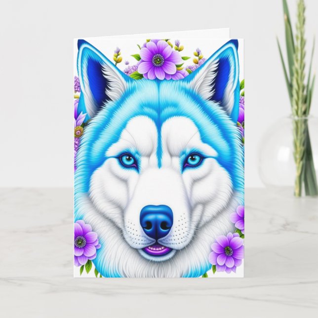 Husky Hund med Blue Ögon och Flowers Birthday Kort (Framsida)