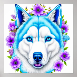 Husky Hund med Blue Ögon och Flowers Poster