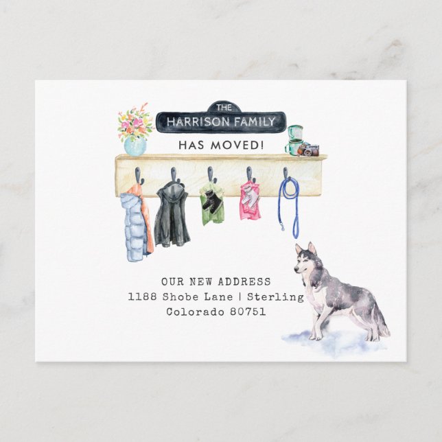 Husky Hund | Mudroom Flytta Announation Postcard Meddelande Vykort (Framsida)
