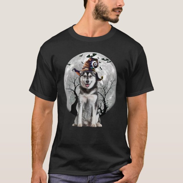 Husky Hund och Måne Halloween Costume Hund T Shirt (Framsida)