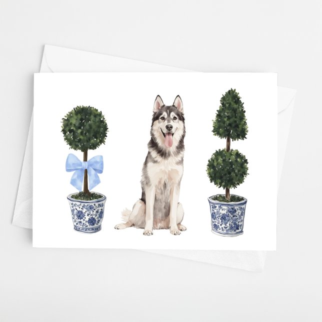 Husky Hund Puppy Topiary Watercolor Kort (Skapare uppladdad)