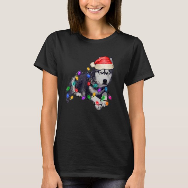 Husky Hund Santa Hat Merry Bevackra Julgran T Shirt (Framsida)
