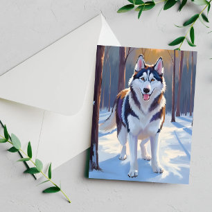 Husky Hund Vinter Akvarell Djur Målningskort