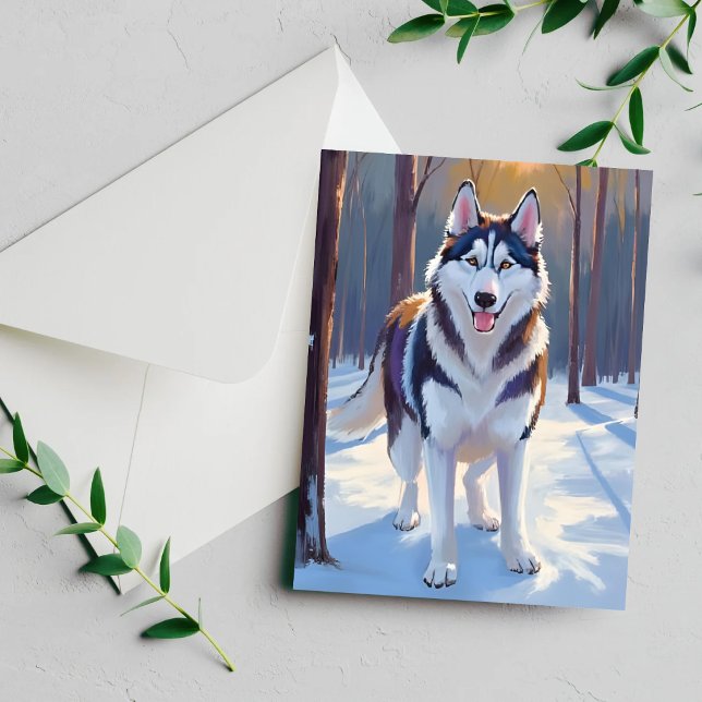 Husky | Hund Vinter Akvarell Djur Målningskort (Skapare uppladdad)