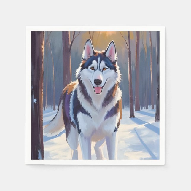 Husky | Hund Vinter Akvarell Husdjur Målning Pappersservett (Framsidan)