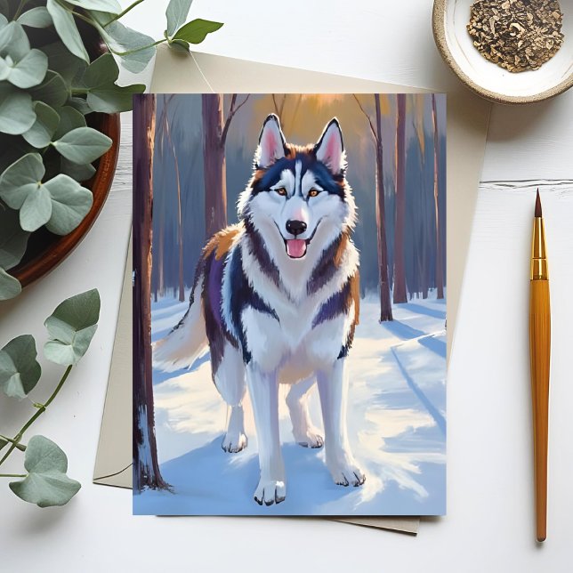 Husky | Hund Vinter Akvarell Husdjur Målning Vykort (Skapare uppladdad)