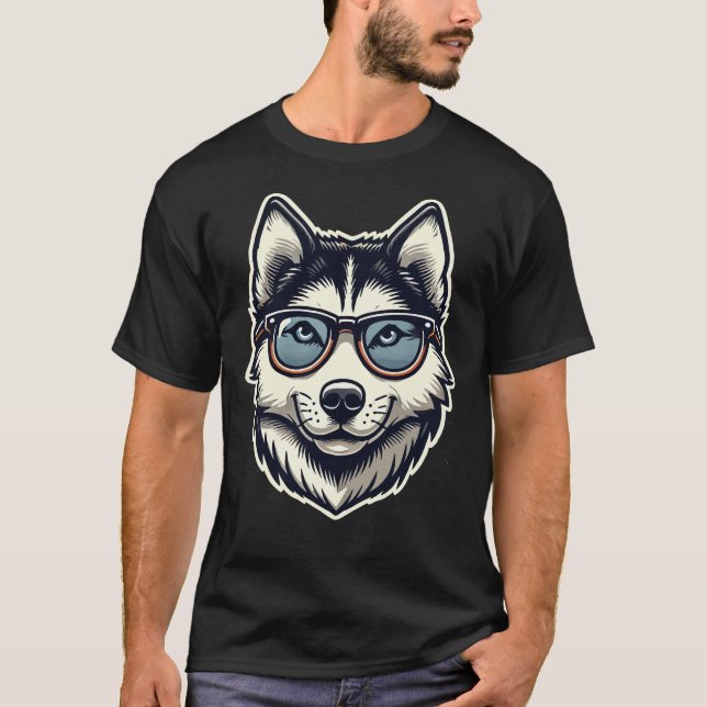 Husky Hund with Glass Pop Art Stil T Shirt (Framsida)