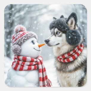Husky Hund With Snögubbe Fyrkantigt Klistermärke