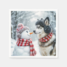 Husky Hund With Snögubbe Pappersservett