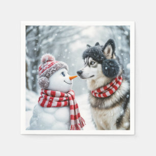 Husky Hund With Snögubbe Pappersservett