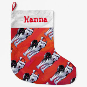 Husky i den Santa hatten på rött Stor Julstrumpa