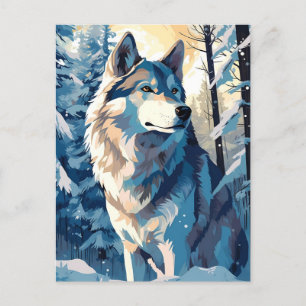 Husky i en snöskog under vintern vykort