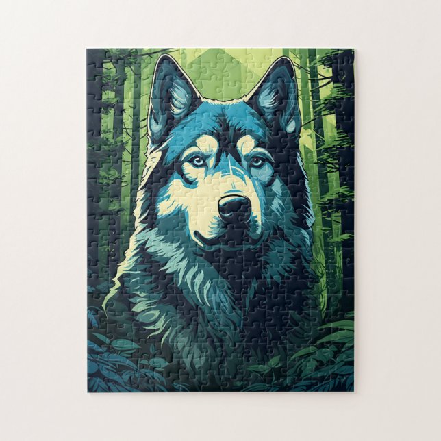 Husky i grönt Lush-skogen Pussel (Vertikal)