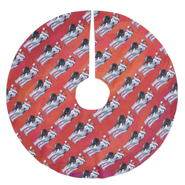 Husky i Santa Hat On Red Julgransmatta Borstad Polyester (Framsidan)