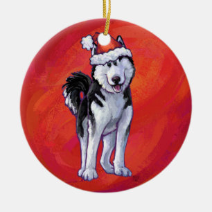 Husky i Santa Hat On Red Julgransprydnad Keramik