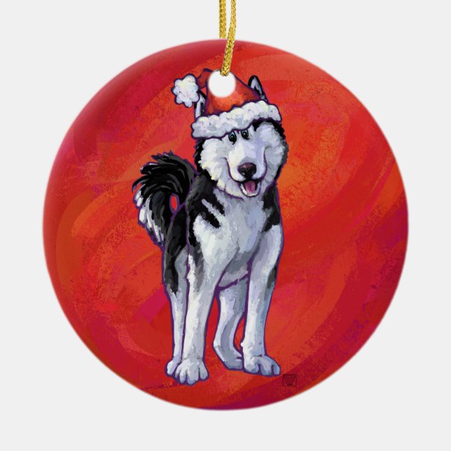 Husky i Santa Hat On Red Julgransprydnad Keramik (Framsidan)