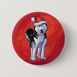 Husky i Santa Hat On Red Knapp