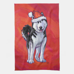 Husky i Santa Hat On Red Kökshandduk