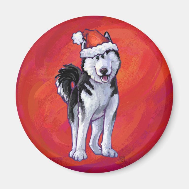 Husky i Santa Hat On Red Magnet (Framsidan)