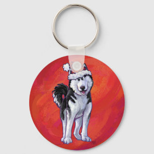 Husky i Santa Hat On Red Nyckelring