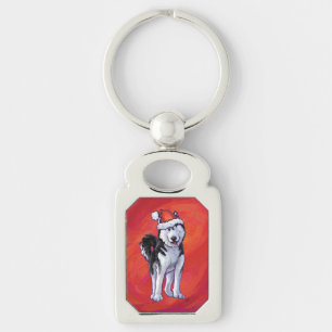 Husky i Santa Hat On Red Rektangulärt Silverfärgad Nyckelring