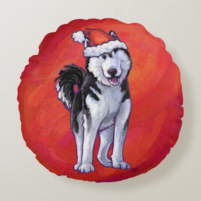 Husky i Santa Hat On Red Rund Kudde (Framsidan)