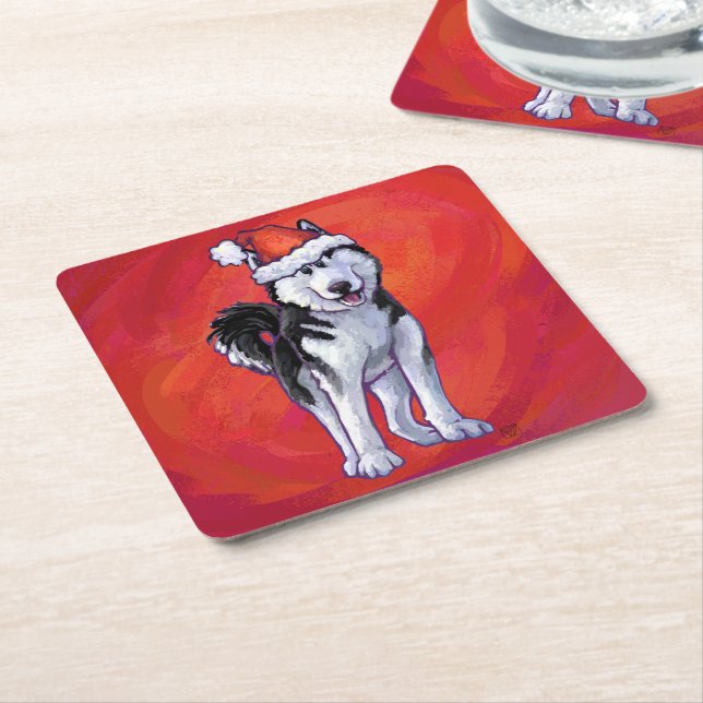 Husky i Santa Hat On Red Underlägg Papper Kvadrat (Vinklad)