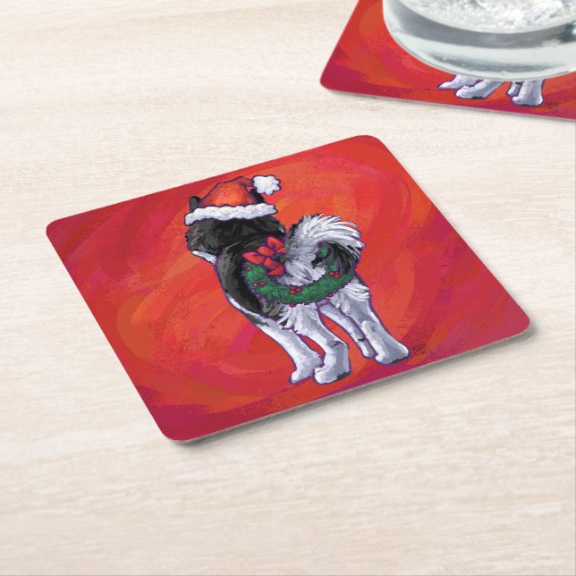 Husky i Santa Hat On Red Underlägg Papper Kvadrat (Vinklad)