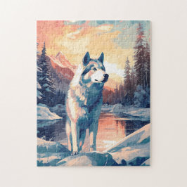 Husky i snöskogen vid sjö under solnedgången pussel