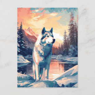 Husky i snöskogen vid sjö under solnedgången vykort