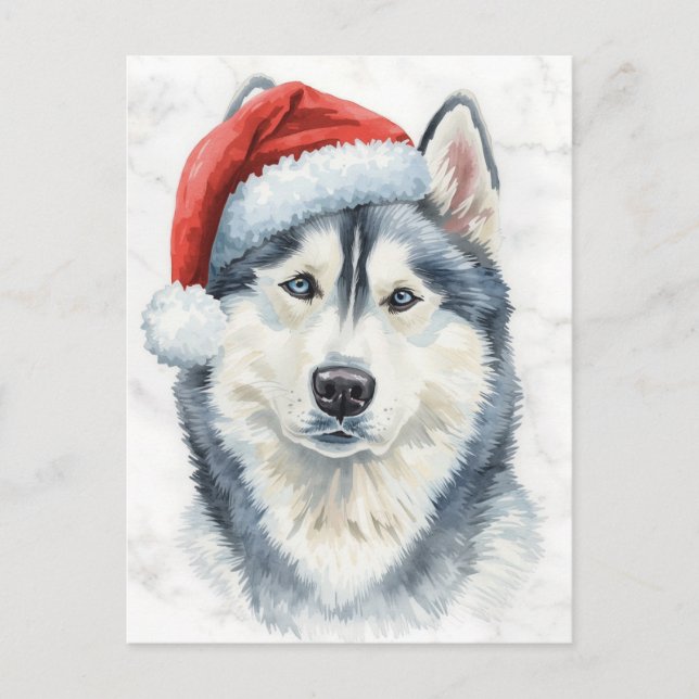 Husky i tomteluva Vattenfärg Jul Helg Vykort (Framsida)