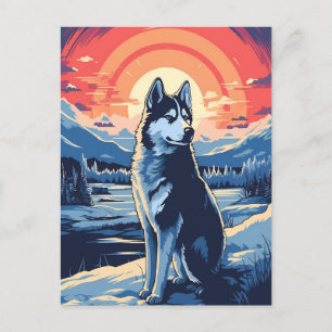 Husky i vinterskogen under solnedgången vykort