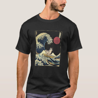 Husky Japanese Kanagawa Wave Funny Surf Dog  for M T Shirt