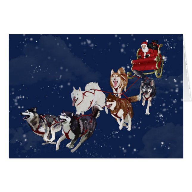 Husky julkort som drar Santas Sleigh Hälsningskort (Framsidan Horizontal)