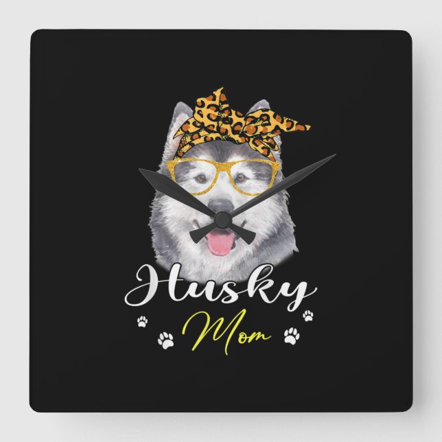 Husky Mamma | Leopard Print Hundälskares Gift Fyrkantig Klocka (Framsida)