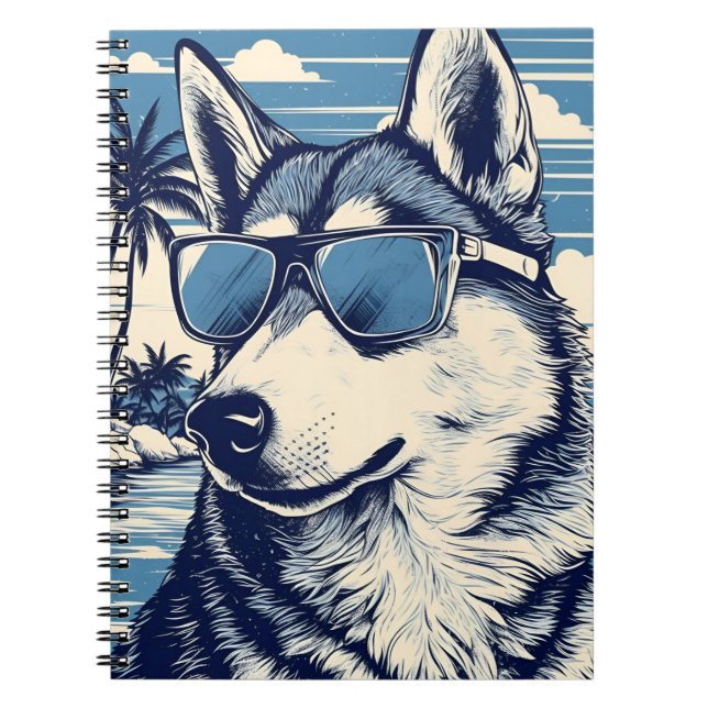 Husky med solglasögon på stranden anteckningsbok (Framsidan)