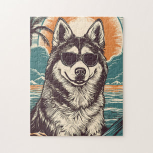 Husky med solglasögon på stranden pussel