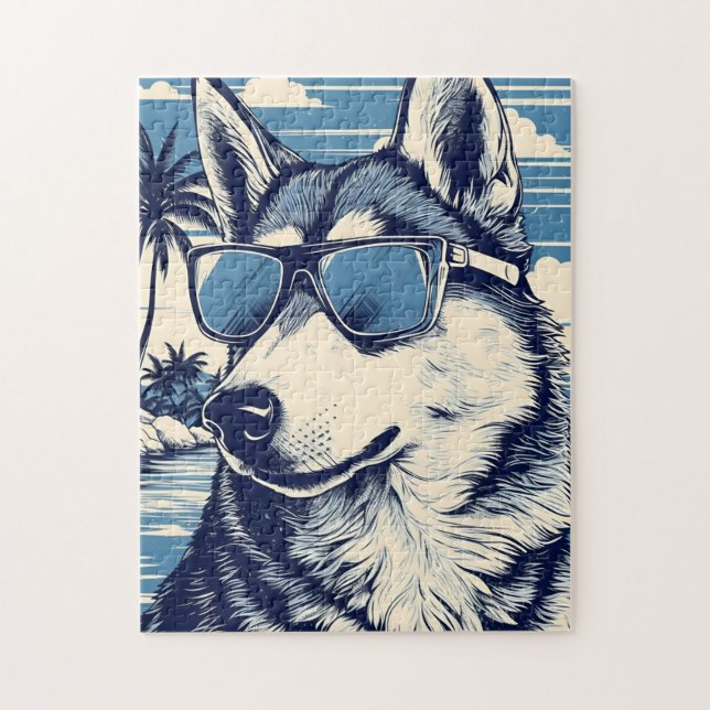 Husky med solglasögon på stranden pussel (Vertikal)