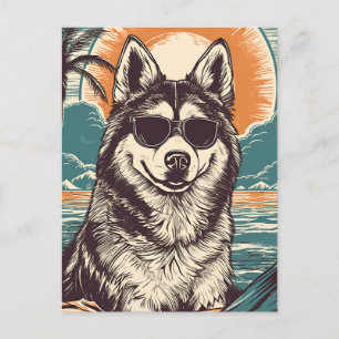 Husky med solglasögon på stranden vykort