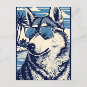 Husky med solglasögon på stranden vykort