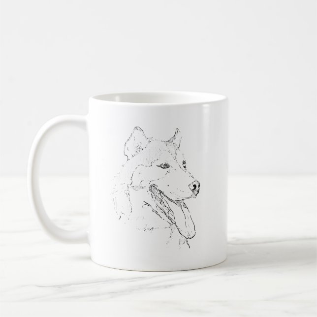 Husky Mugg – Handritad Bläck Hund Kaffe Mugg (Vänster)