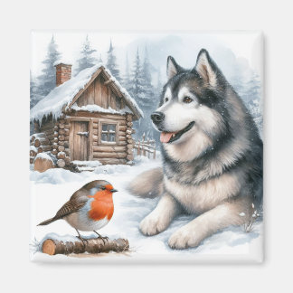 Husky och robin i snö magnet, snö hund magnet
