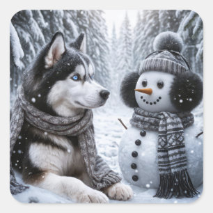 Husky och Snögubbe i Winter Skogen Fyrkantigt Klistermärke