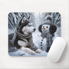 Husky och Snögubbe i Winter Skogen Musmatta