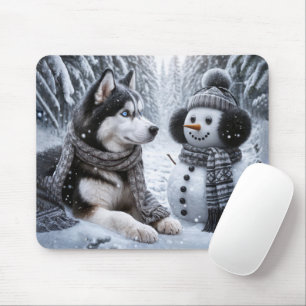Husky och Snögubbe i Winter Skogen Musmatta