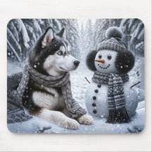 Husky och Snögubbe i Winter Skogen