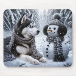 Husky och Snögubbe i Winter Skogen Musmatta