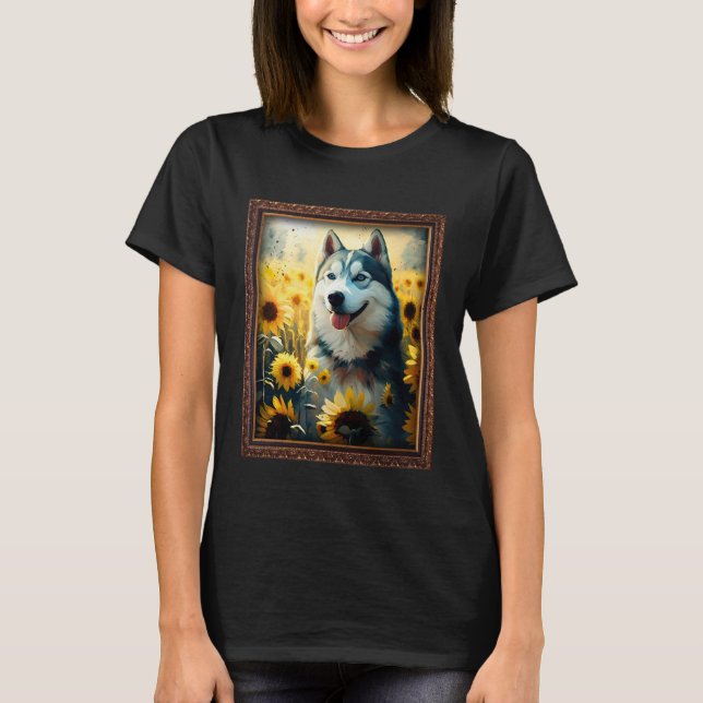 Husky Painting Sunflower Flower Mom Women Floral T Shirt (Framsida)